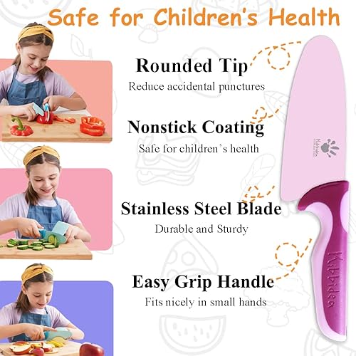 Miniatura 3 de Juego de cuchillos para niños, 4 piezas de cocina para niños, de acero inoxidable, cuchillos de chef con pelador, protector de dedos, guante