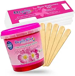 Kit Cera Depilatoria Hidrossoluvel 600g + Espátula Larga 15 Unidades + Papel Depilatorio 20 Unidades