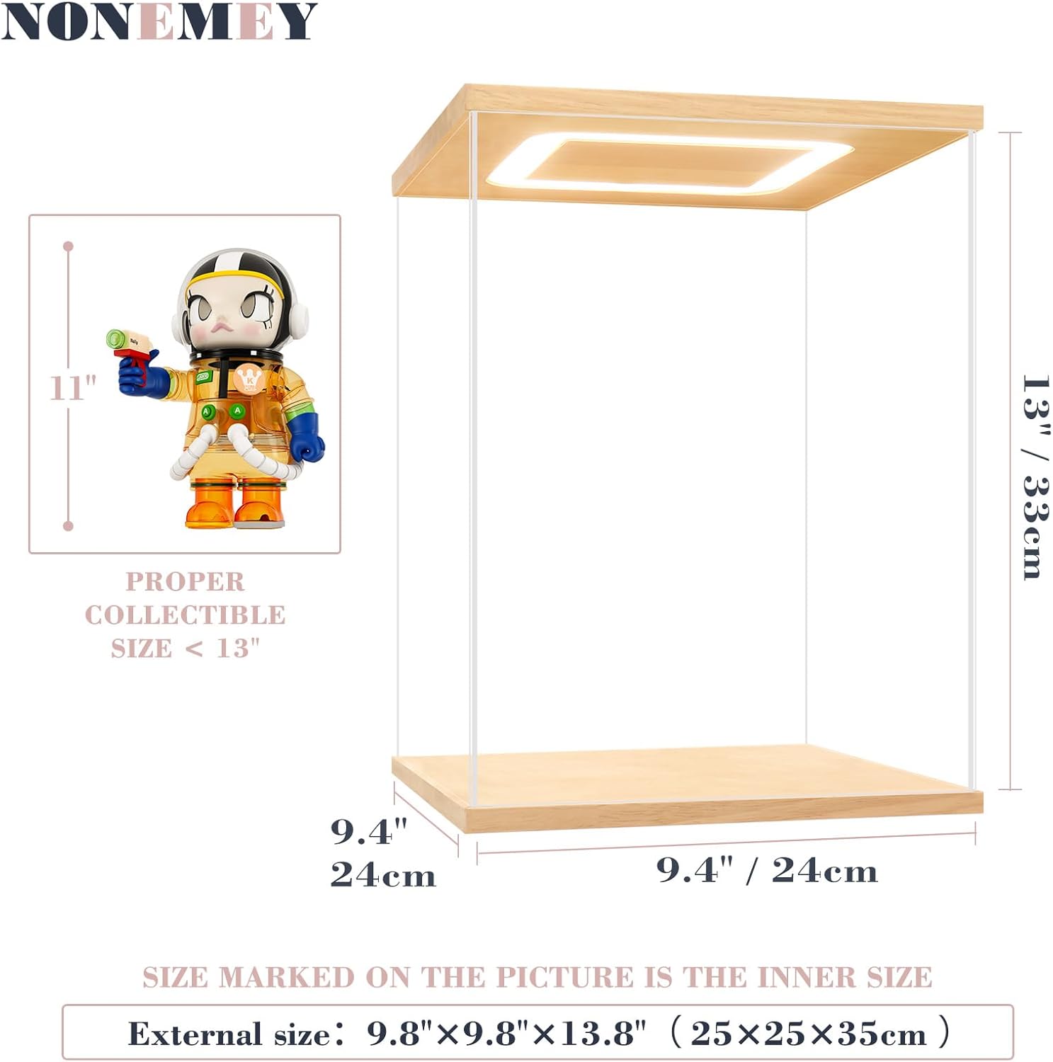 NONEMEY Acrylic Display Case with Led Light for 400% Pop Mart，Assemble Clear Acrylic Display Case Stand Dustproof Protection Showcase Organizer Box for Action Figures (9.8x9.8x13.8inch,25x25x35cm)