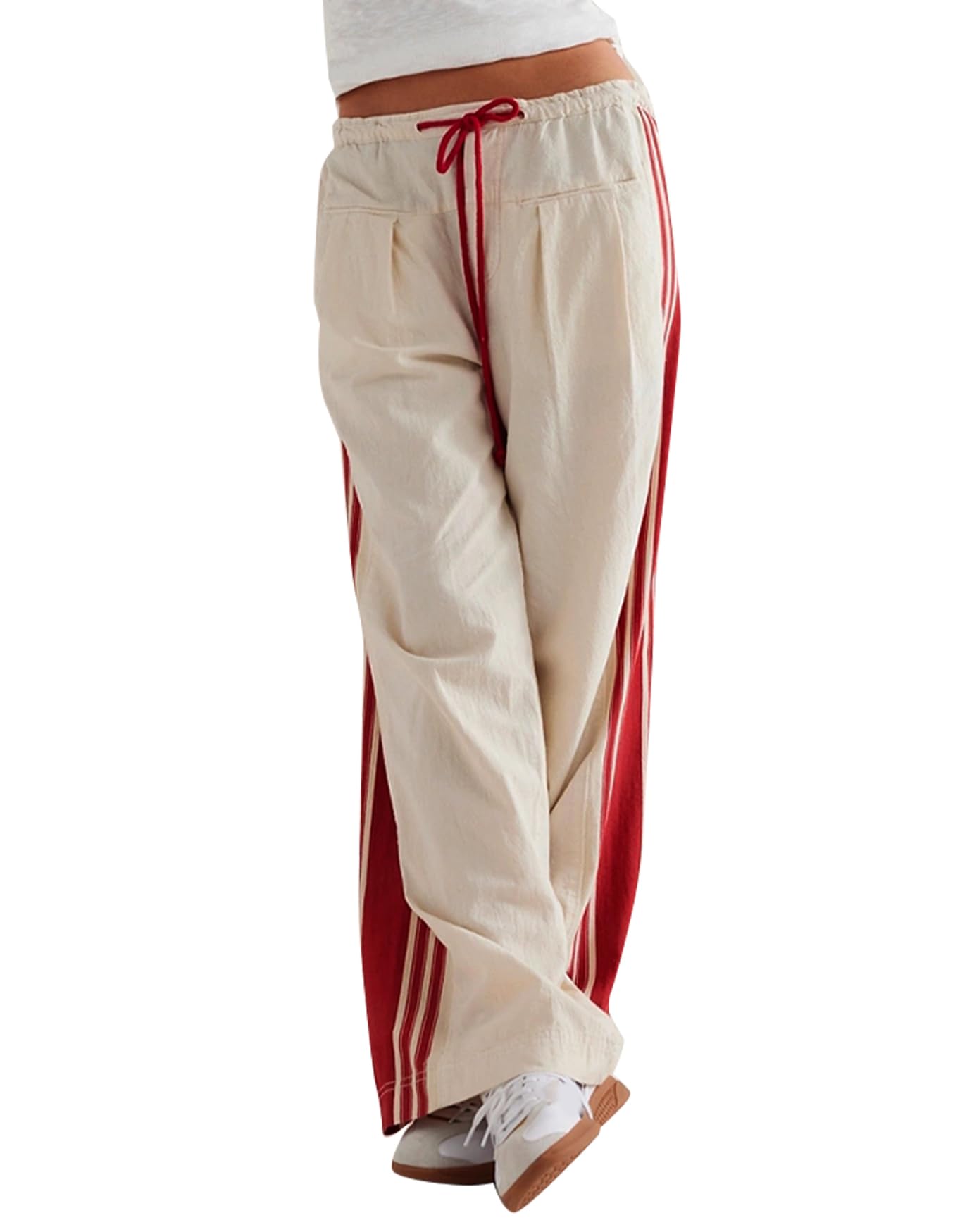 Side Striped Pants Women Drawstring Wide Leg Pants High Waisted Loose Slouchy Palazzo Sweatpants