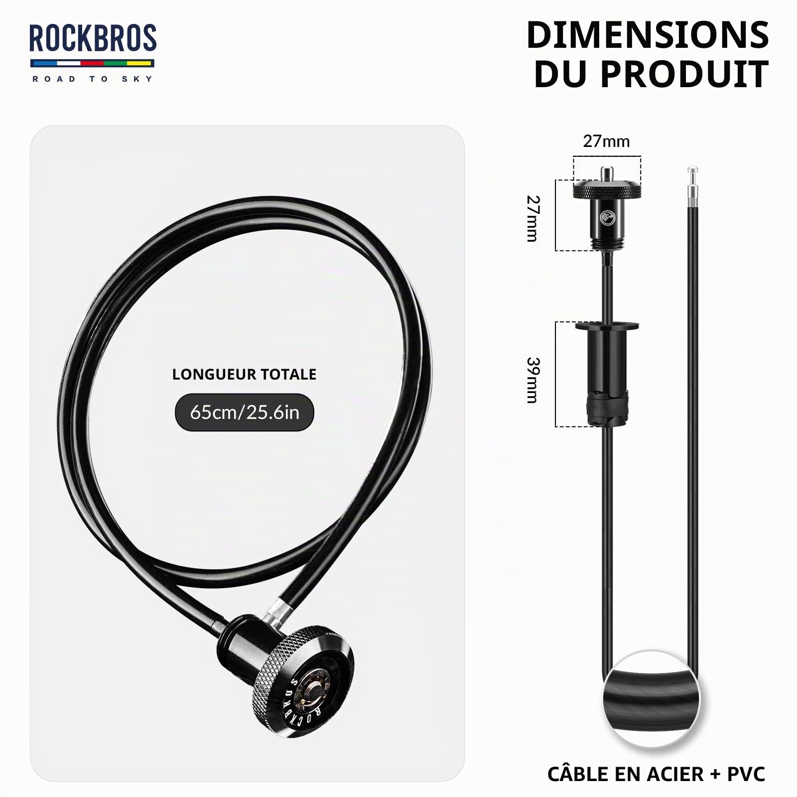 ROCKBROS Road to Sky Cable Antivol Vélo Embout de Guidon VTT Mini Antivol Casque Vélo Caché Portable Bouchon Serrure à Cable 2 en 1 Multifonctionnel Longueur 65cm Vélo de Route Vélo de Course Noir