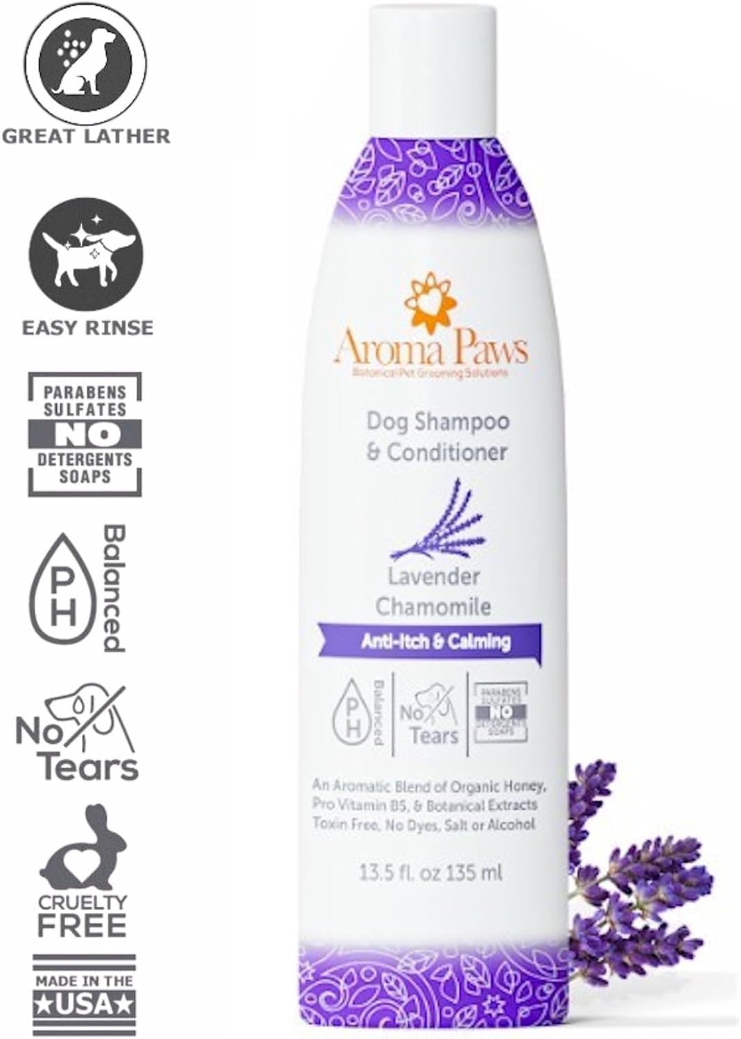 Dog Shampoo and Conditioner - Aromatic Tearless Shampoo for Cleansing, Grooming, and Conditioning - Moisturizing Shampoo for Dogs and Puppies - Lavender Chamomile 13.5 oz