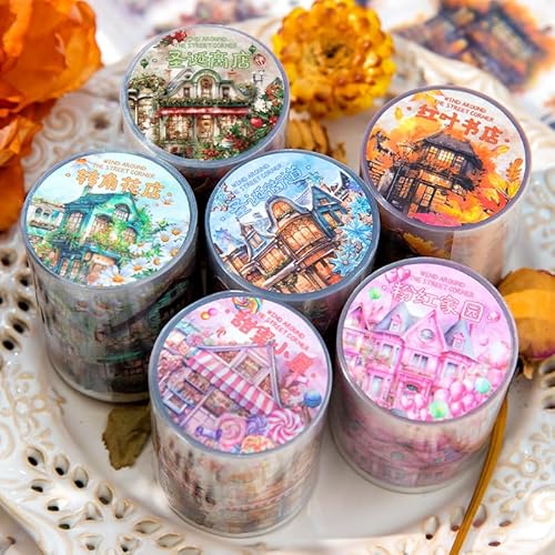 Alideco 6個 マスキングテープ かわいいシェルライト建築テーマ50mm幅×2 m巻 PET粘着 テープ 広幅 DIY おしゃれ マステ シール (fengguojiejiao)