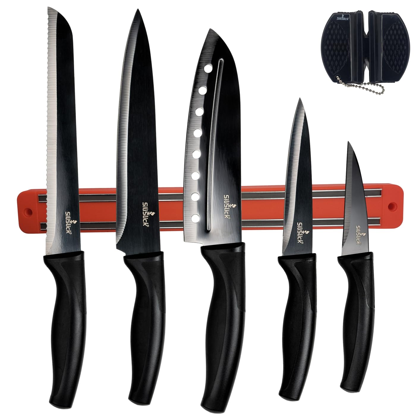 SiliSlick Kitchen Knife Set Kit 5 Dishwasher Safe Colorful Knives Knife Sharpener Magnetic Wall Bar Titanium Non Stick