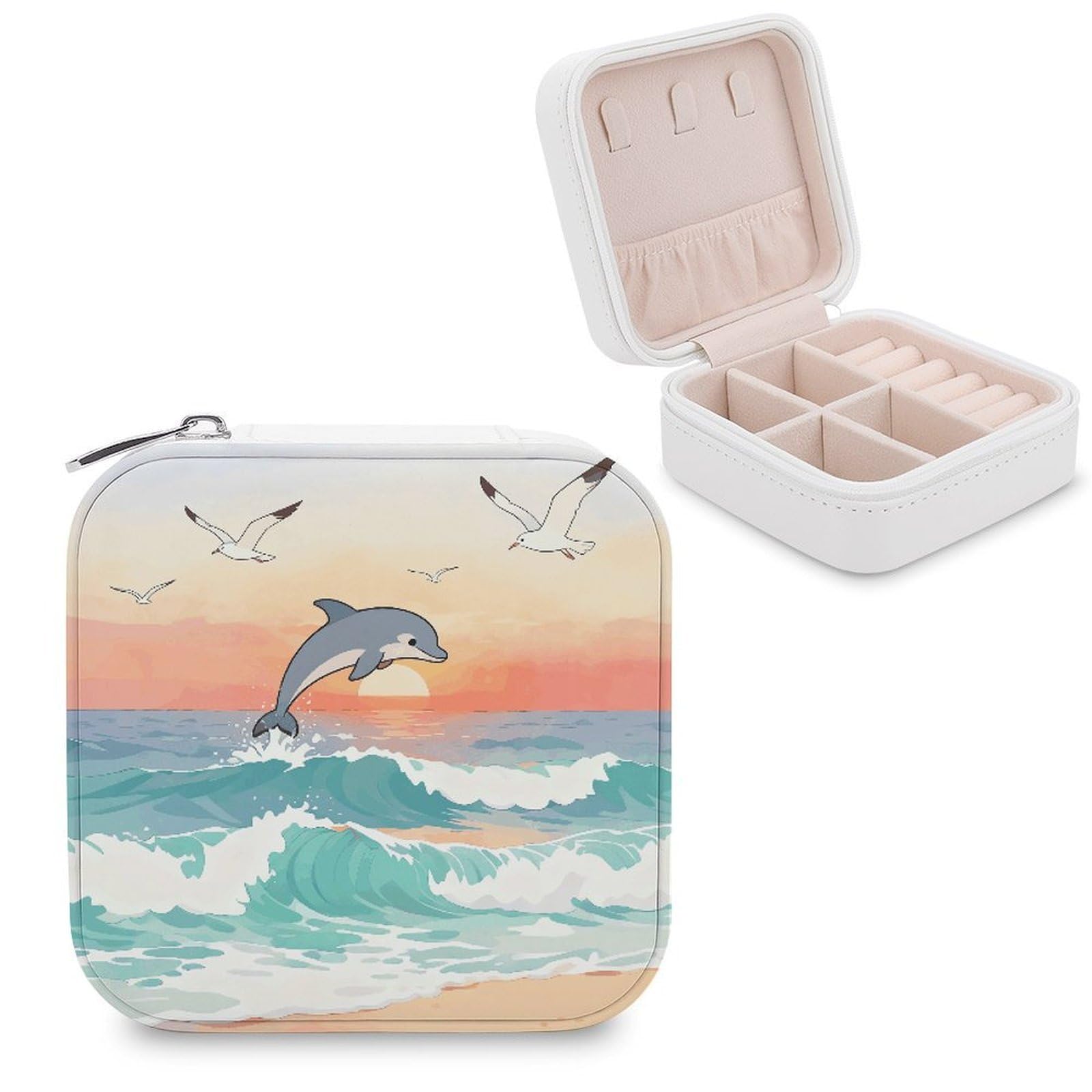 LZQPOEAS Ocean Waves Sunrise Jewelry Box Small Jewelry Case PU Leather Portable Travel Jewelry Case, Large Capacity for Rings Earrings Necklaces Bracelets Watch