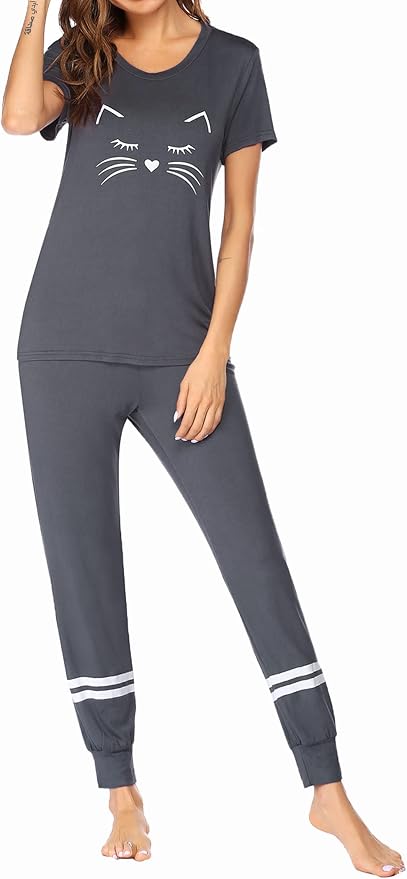 Ekouaer Womens Pajamas Set Short Sleeve Sleepwear Tops with Long Pants Pjs Set Print Nightwear