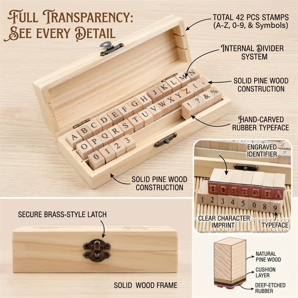 42 Pcs Alphabet Rubber Stamps Set - Vintage Wooden Letter and Number Stamps with Symbols for DIY Crafting, Scrapbooking Supplies, Aesthetic Journaling, Card Making & Personalized Stationery image 2