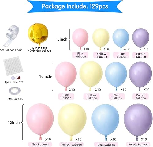 Miniatura 2 de Juego de 129 globos azules, amarillo, rosa, morado, globos pastel rosa macarrón, amarillo, azul, morado, pastel, globo de aluminio 4D para niñas