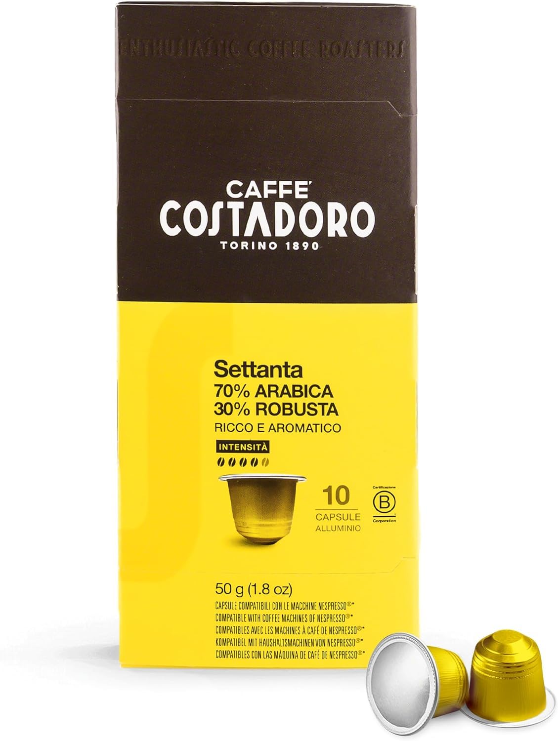 Costadoro Settanta, 200 Cápsulas Compatibles con Cafeteras Nespresso, 70% Arábica y 30% Robusta Superior, 20 Cajas de 10 Cápsulas, Sabor Rico y Aromático