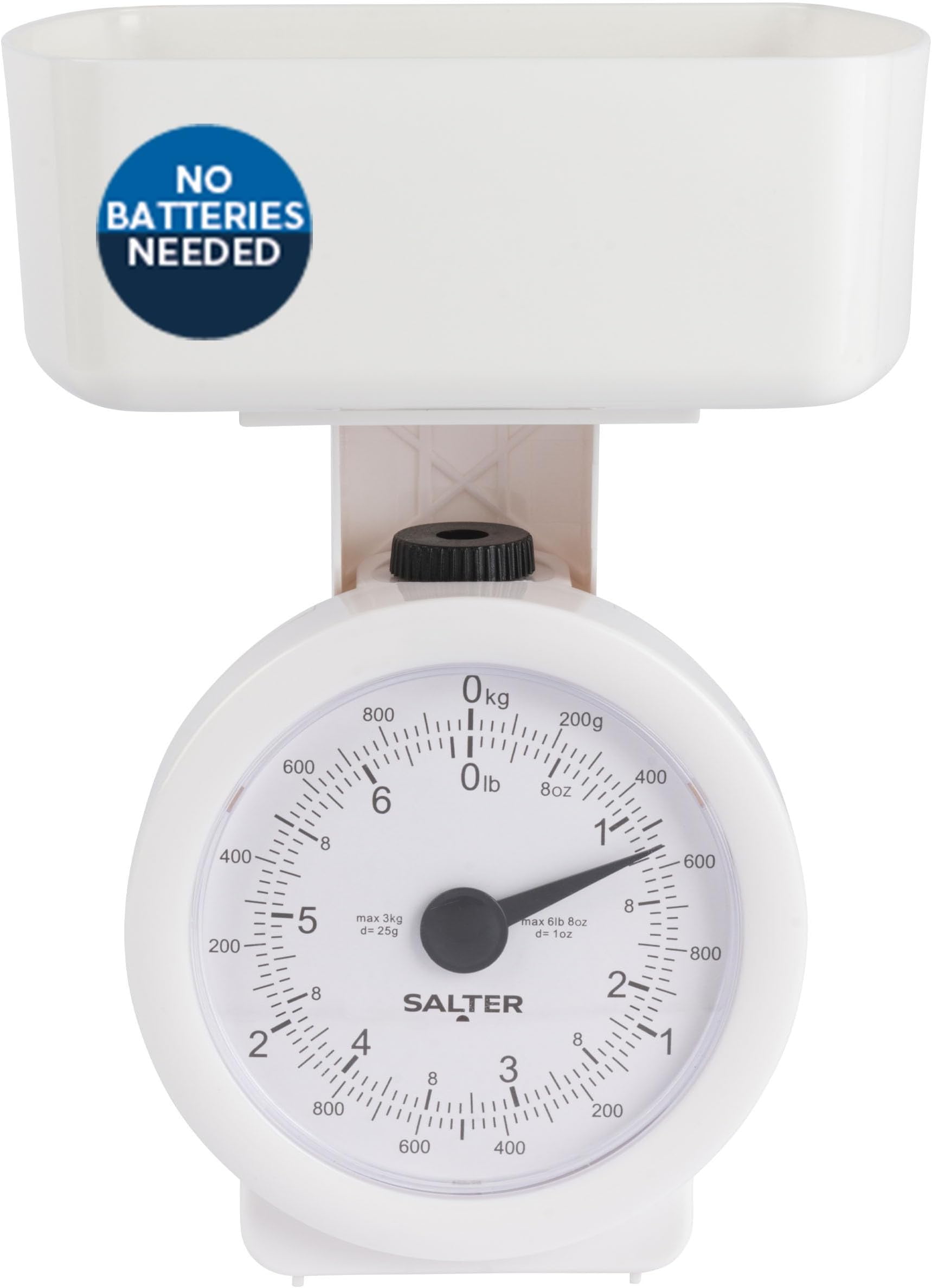 Salter Mechanical Kitchen Scale – Mini Analogue Food Scale, 3kg Capacity, Includes 1L Dishwasher Safe Detachable Bowl, No Batteries, Scale Fits Inside Bowl For Compact Storage, 24 x 18cm