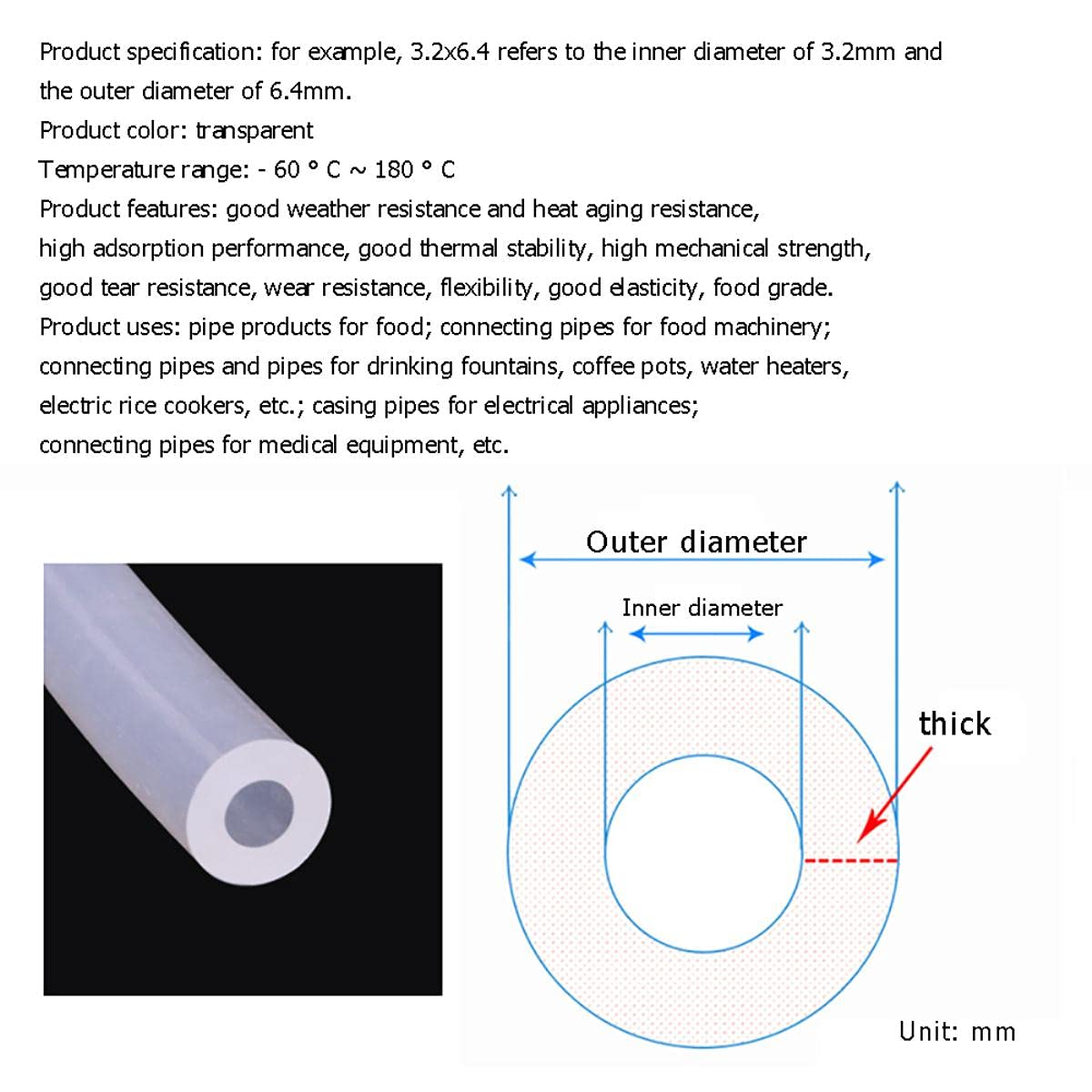 Tubo in gomma siliconica da 1 m Tubo flessibile in silicone trasparente Tubo flessibile ad alta temperatura per alimenti Tubo refrigerante trasparente-1M, 12,7x22,3