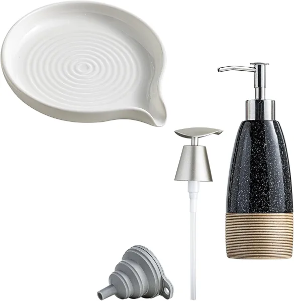 Soap Dish, Ceramic Drain Soap Holder & 12 oz Dish Soap Dispenser