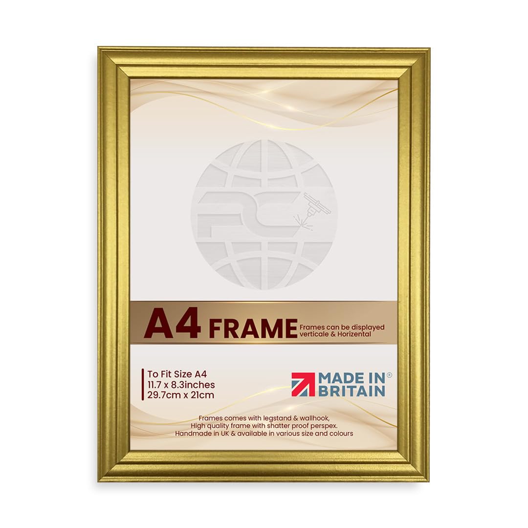 Procut Global Picture Frames A4 Gold - Classic A4 Frames With Safe Perspex Front & Wall Hanging Hooks - Premium Synthetic Wood - Handmade Frames โ image 1
