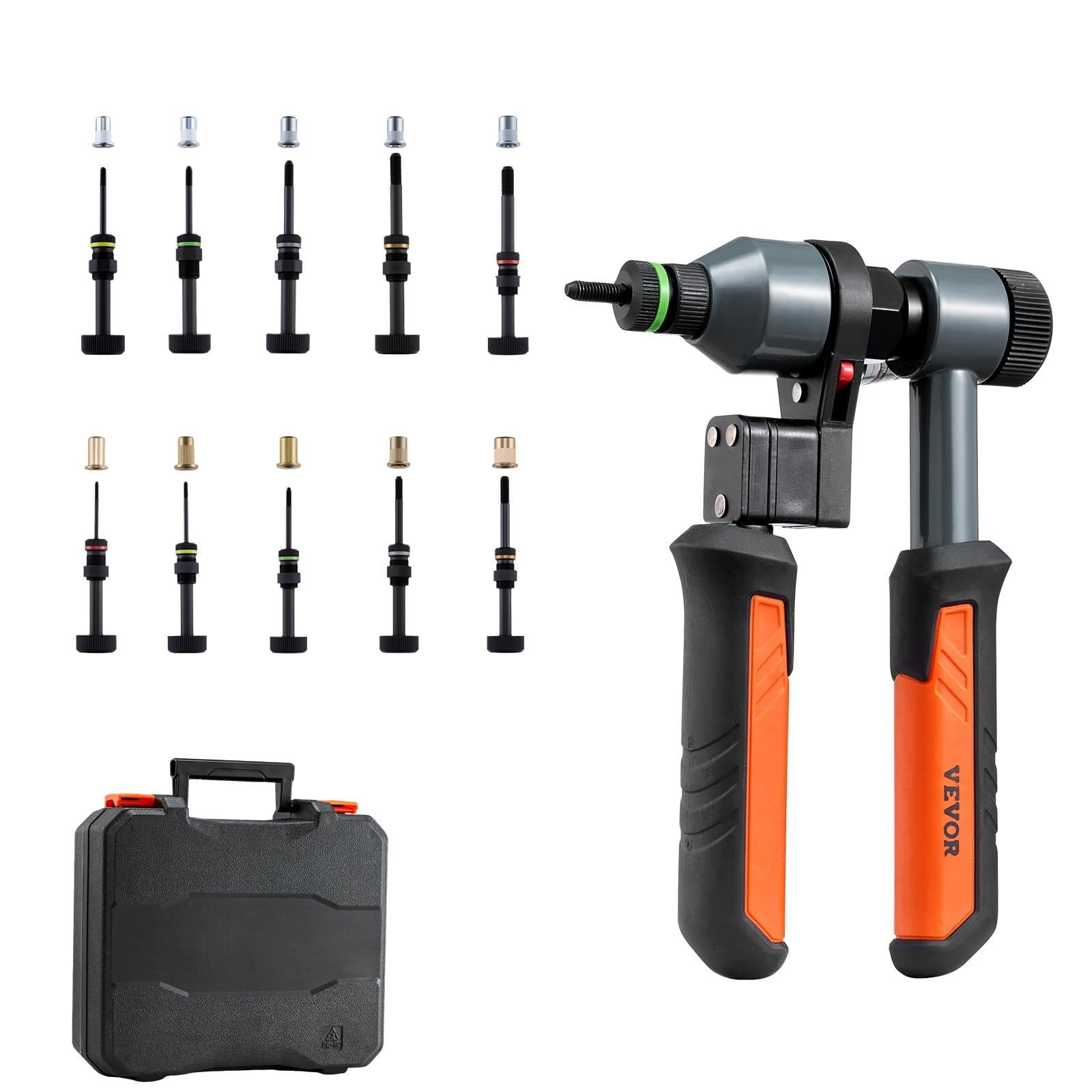 VEVOR Rivet Nut Tool Kit, 9-Inch Ratchet Rivnut Tool Kit, with 10 Mandrels and 100 Nuts, Metric and SAE Size M5, M6, M8, M10, M12, 8-32, 10-24, 1/4-20