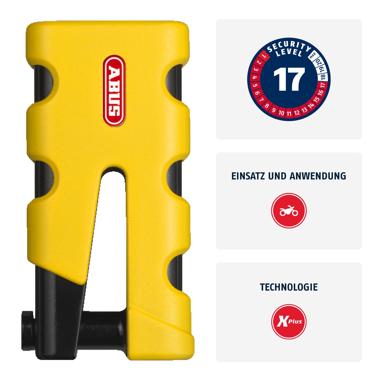 ABUS Bremsscheibenschloss Granit Sledg 77 grip yellow - Motorradschloss mit sicherem XPlus Zylinder und Erinnerungskabel - ABUS Sicherheitslevel 17 - Gelb
