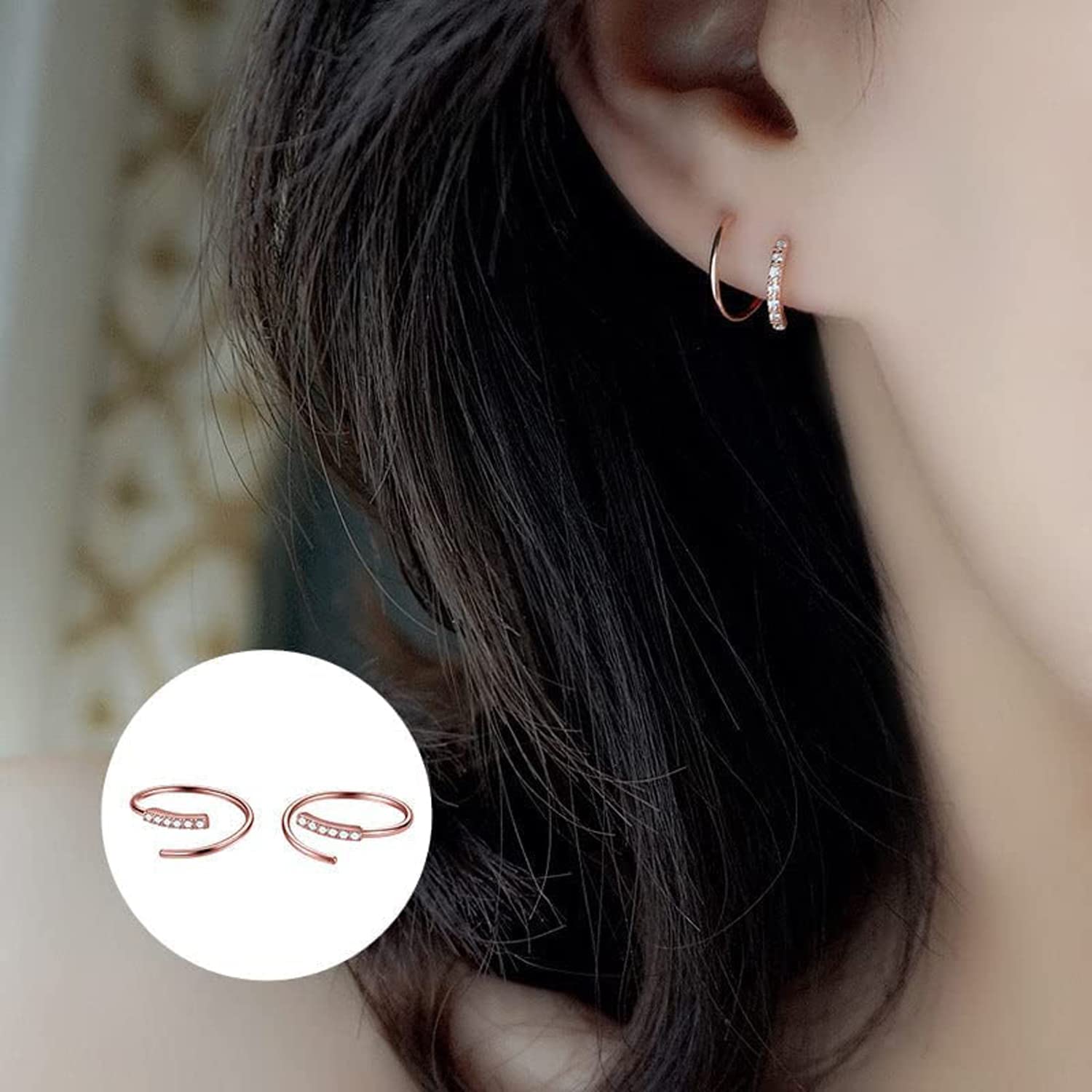 HKTS Orecchini a Spirale avvolgenti in Argento Sterling 925 per Donna, Orecchini a Cerchio Minimalista a Doppia Torsione, Orecchini a cingoli CZ Orecchini a Polsino Avvolgente (Rose Gold