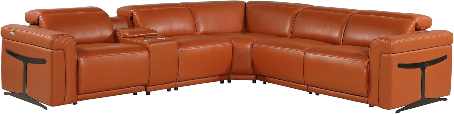 HomeRoots Camel Italian Leather Modular L Shaped Six Piece Corner Sectional with Console