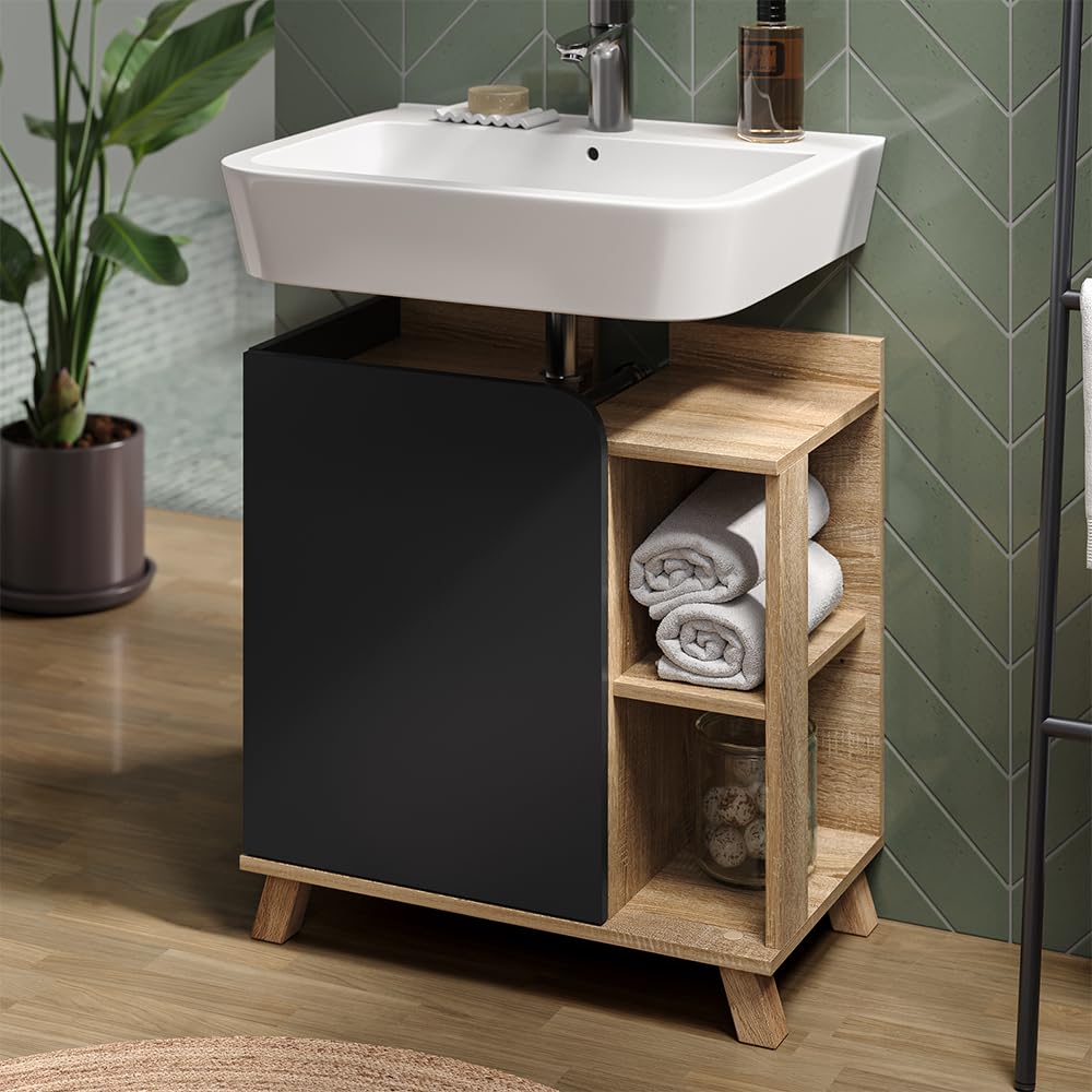 Vicco Mueble bajo Lavabo Karen, Sonoma/Antracita, 60 x 65 cm con Puerta y Compartimentos Abiertos, con Recorte para sifón para instalación Debajo del Lavabo