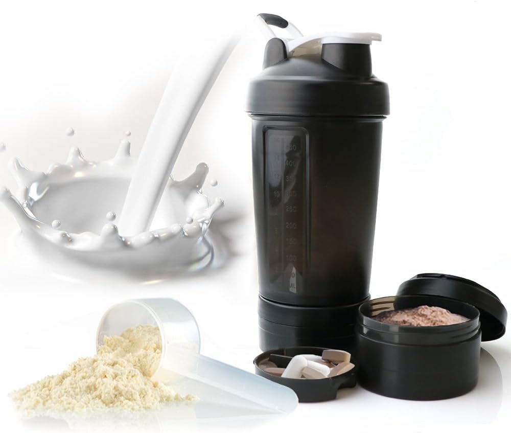 Sport Protein Powder Shaker Bottle, 3-in-1 Free Combination Milkshake Bottle,Two Storage Boxes, Loop Top Design, 20OZ/600ml, Full Black