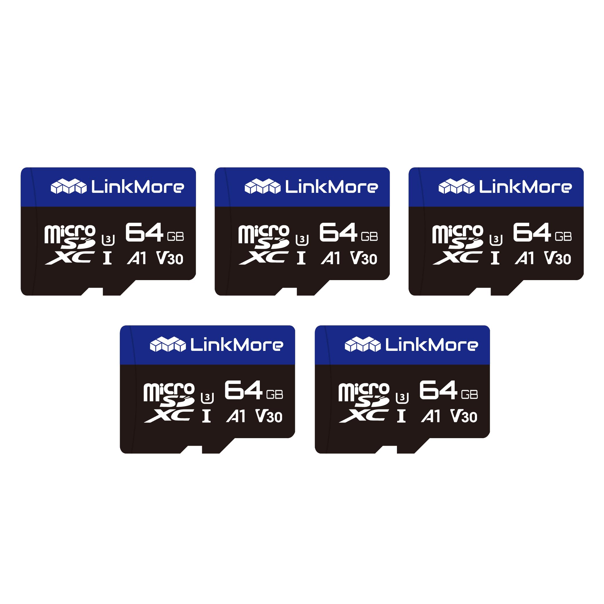 LinkMore Scheda di memoria MicroSD da 64 GB (5 pezzi) XV13, MicroSDXC A1 UHS-I U3 V30 classe 10, lettura fino a 95 MB/s, scrittura fino a 45 MB/s, adattatore SD incluso