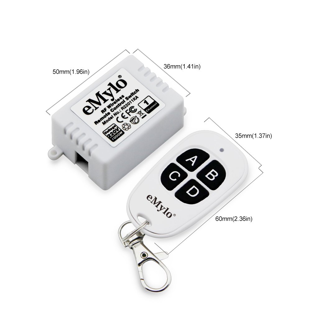eMylo wireless relay receiver and remote control transmitter with dimensions