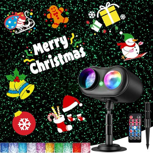 Image of Christmas Projector Lights Outdoor, 3 in 1 Holiday Projector Light with Green Star, 20 HD Slides, 160 Pattern, 10 Ocean Wave, Christmas Light Projector Outdoor with Timer for Party Patio Decoration