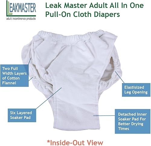 Miniatura 4 de LeakMaster - Pañal de tela todo en uno para adultos capa exterior impermeable cosida 8 capas interiores totales de absorción Protección segura