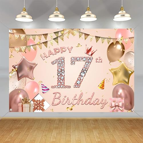 Tecreo Cartel de fondo de decoración de feliz cumpleaños 17 para niñas, vinilo rosa, 59 x 35.4 pulgadas, incluye pancarta