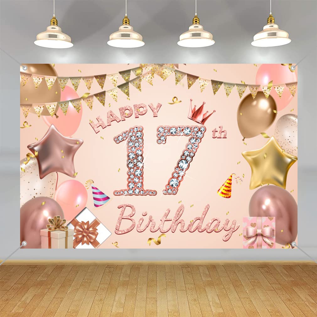 Happy 17th Birthday Banner – 150x90 Cm, Vinyl, Mit Glitzer, Für Mädchengeburtstag