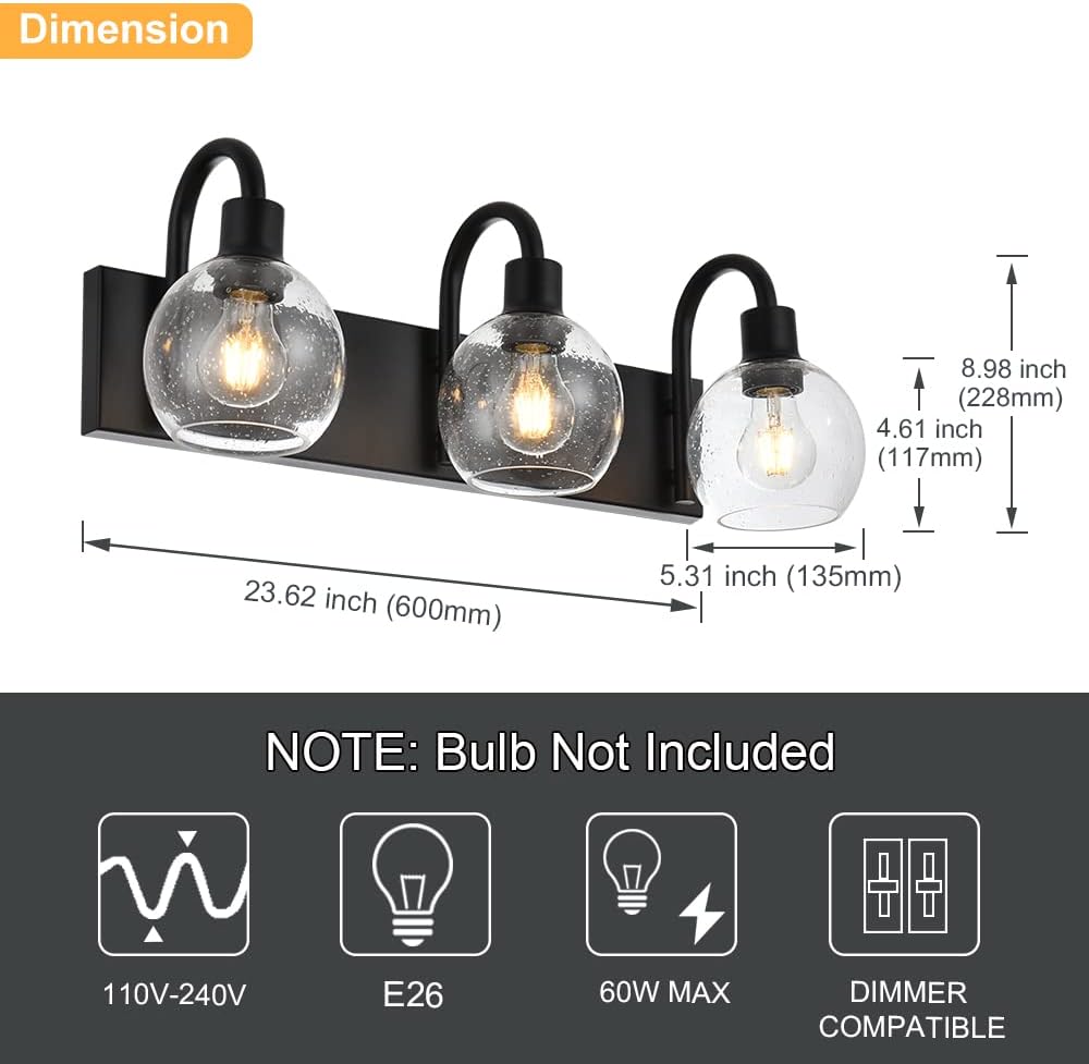 3-Lights Vanity Lights Globe Glass Rustic Bathroom Light Fixtures for Over Mirror Kitchen with Seeded Lampshades