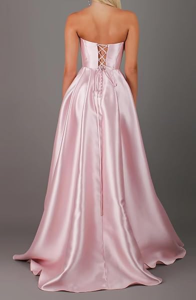 Sincemeet Elegant Women's Prom Dress Satin Strapless A-Line Slits with Pockets - 2