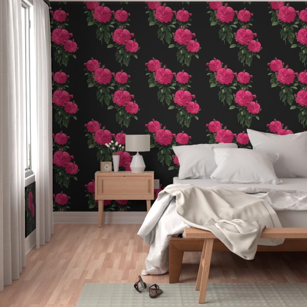 Peel & Stick Wallpaper Swatch - Rose Hot Pink Black Floral Roses Romantic Fuchsia Spring Custom Removable Wallpaper by Spoonflower