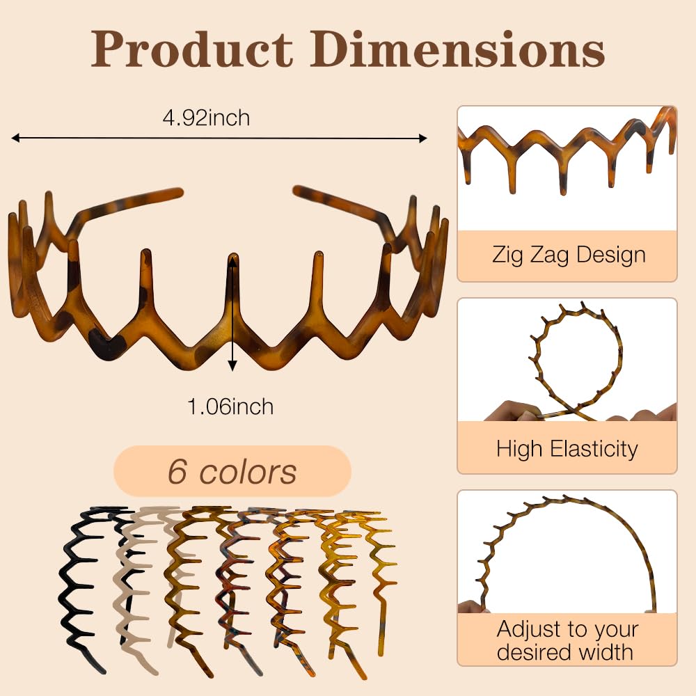6 Pack Zig Zag Headbands for Women, Non Slip Headband with Teeth, Plastic Hair Bands for Daily Work Makeup Sports 90s Retro Style Hair Accessories for Women Girls