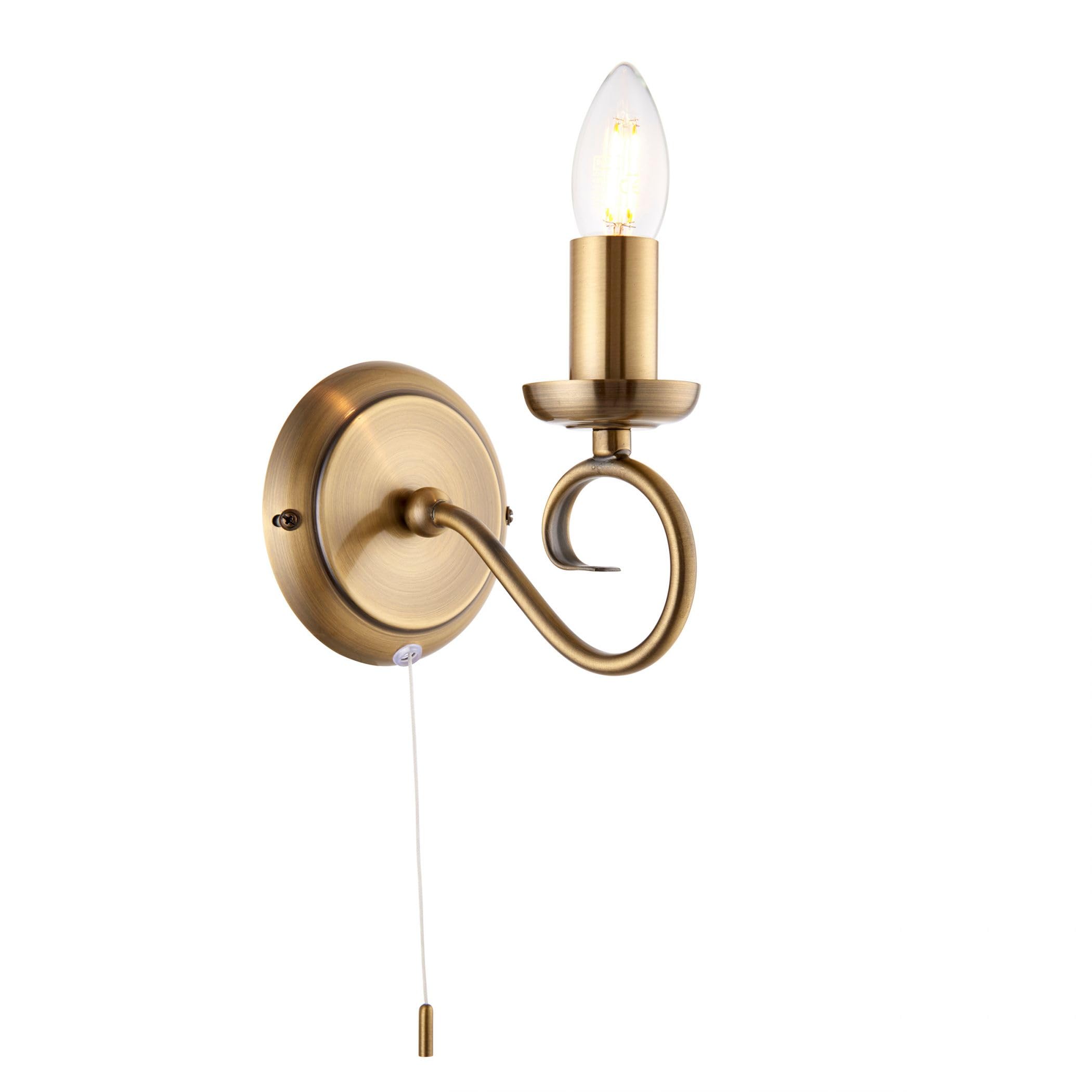 Endon Trafford Classic Antique Brass Single E14 Candle Dimmable Pull Cord Switch Wall Light