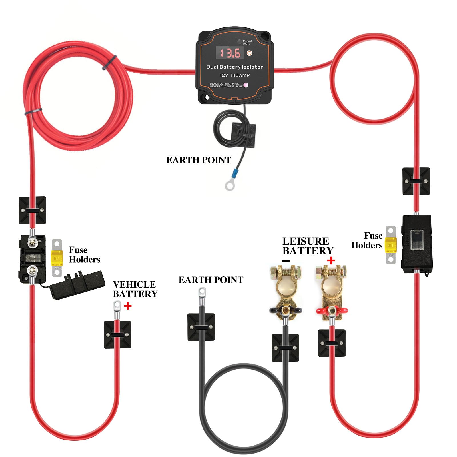 Batterietrenner, 12 V Kit, 140 Amp Split-Laderelais mit 5 m Kabelsatz, automatisches Dual-Batterie-Trennrelais für Marine, ATV, UTV, Wohnmobil, Auto (BG006 kit)
