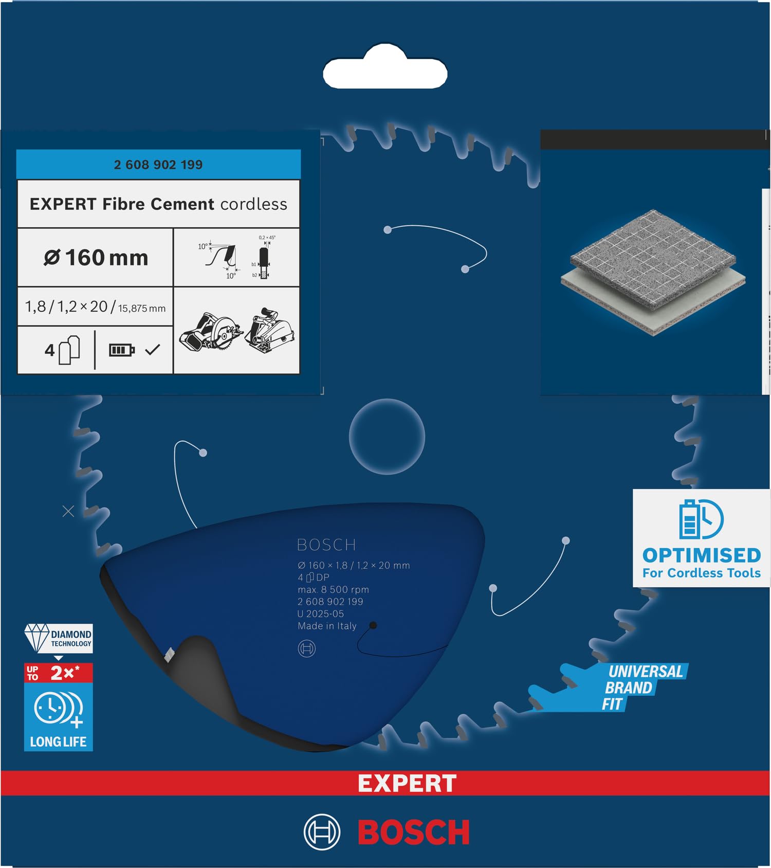 Bosch 1x Tarcza pilarska EXPERT Fibre Cement cordless (do Płyty z cementem włóknistym, Ø mm, Professional Akcesoria Bezprzewodowe ręczne pilarki tarczowe, Pilarka tarczowa)