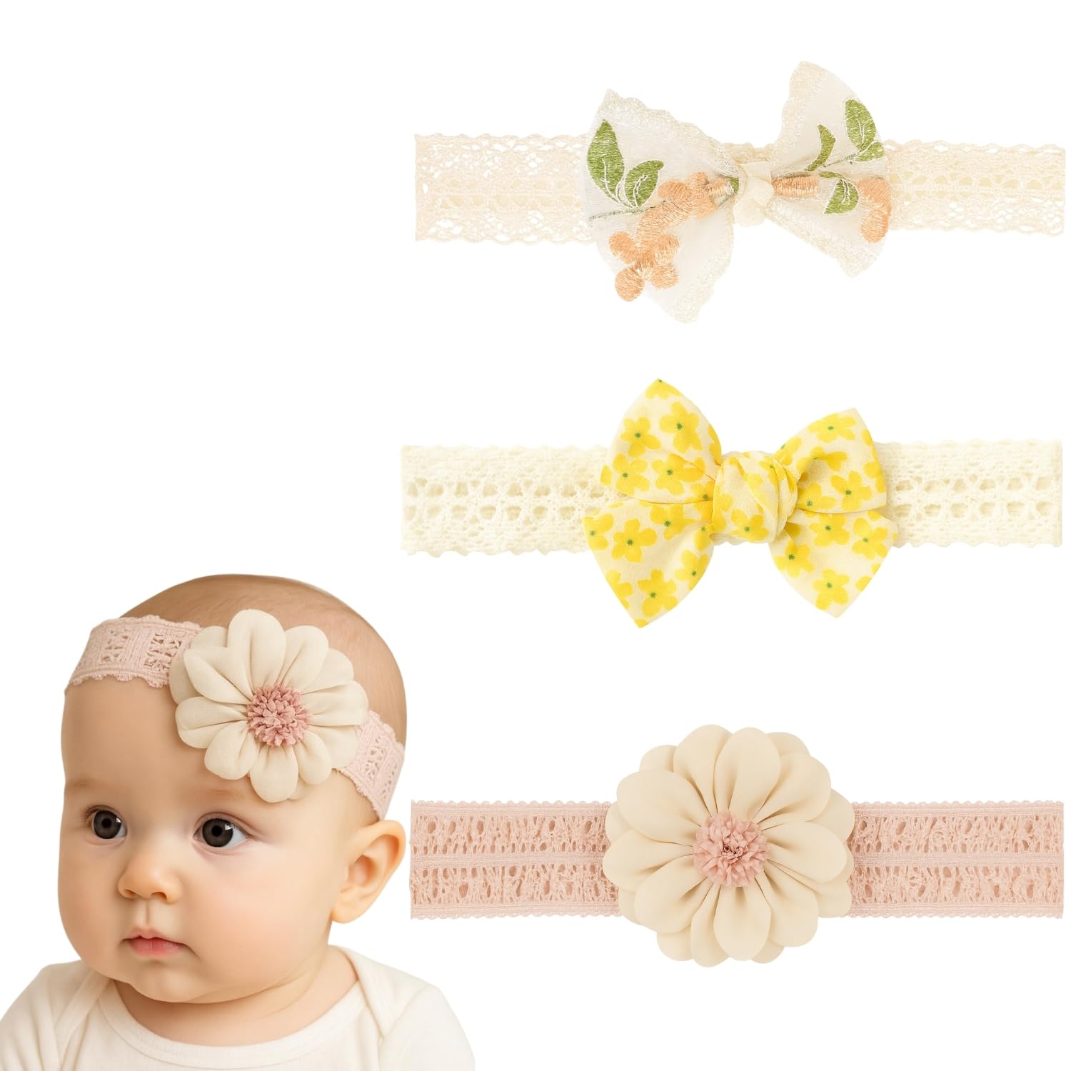 BellaStella 3 Pcs Baby Headbands Super Soft Stretchy & Multicolor Hair Bands Hair Bows Head Wrap Hair Accessories for Baby Girls Newborns Toddlers (Multicolor-9)