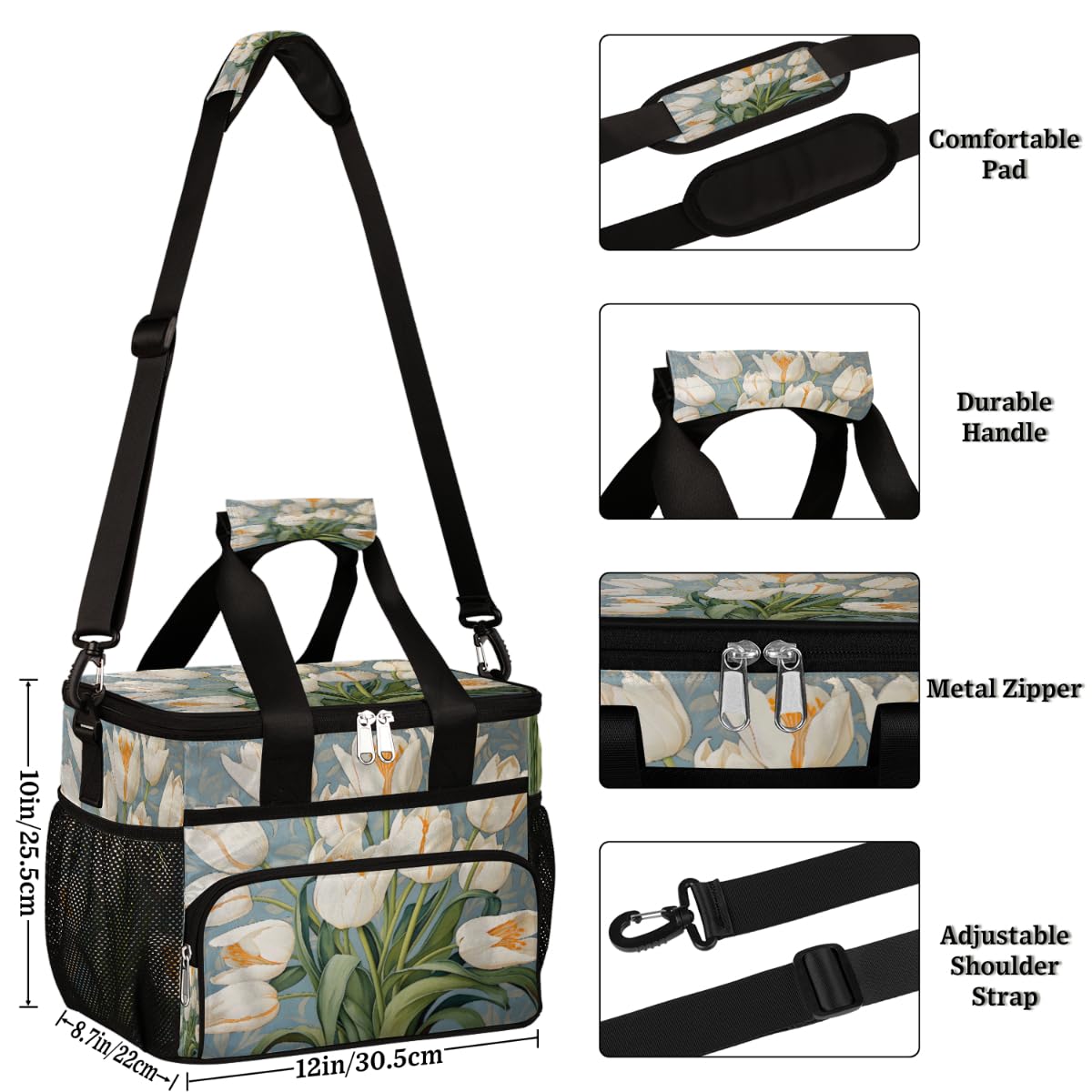 Floral Insulated Picnic Backpack Lunch Box for Women Men Picnic Basket Tote Lunch Bag Picnic Bag Portable Lunch Bags for Picnic, Beach, Work, Trip,Office, Camp White Tulips
