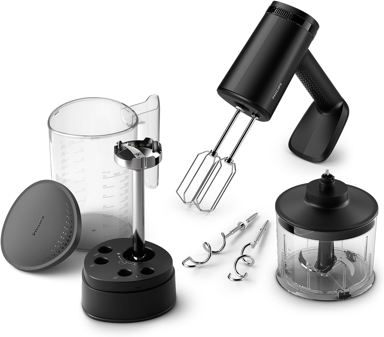 Philips 5000 Batidora de Mano 3 en 1, 500 W, 5 Velocidades, Negro | Batidora eléctrica 3 en 1 con picadora, 500 W, 5 velocidades, antisalpicaduras, almacenamiento inteligente (HR3781/20)