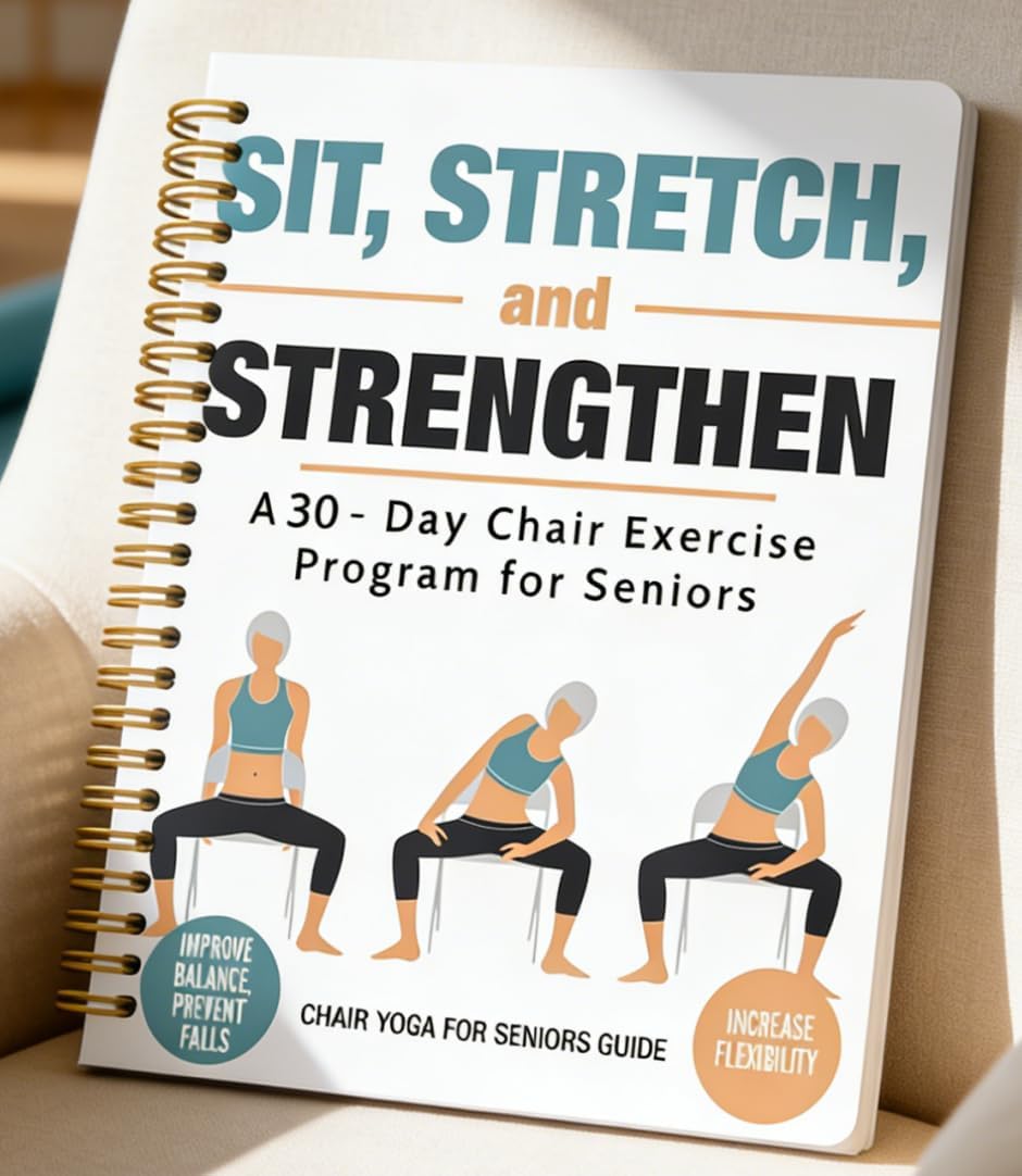 Chair Yoga for Seniors Over 60 Book, 3-Person Illustration Cover with Exercise Chart, Gentle Poses for Weight Loss and Mobility, Senior Workout Guide