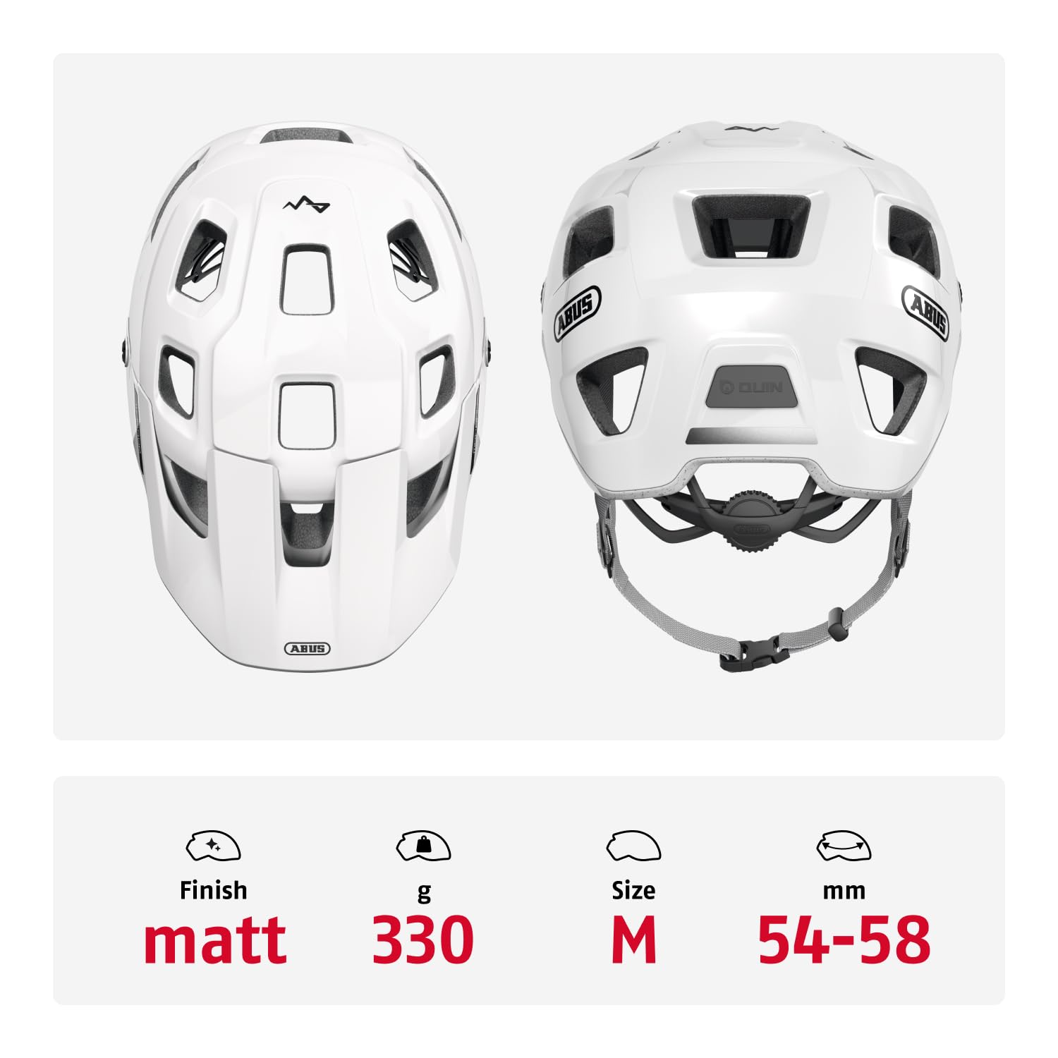 ABUS MTB-Helm MoDrop, Weiß, M | In-Mold-Verfahren, Verstellsystem, Goggle-Halterung, Zopf-Öffnung