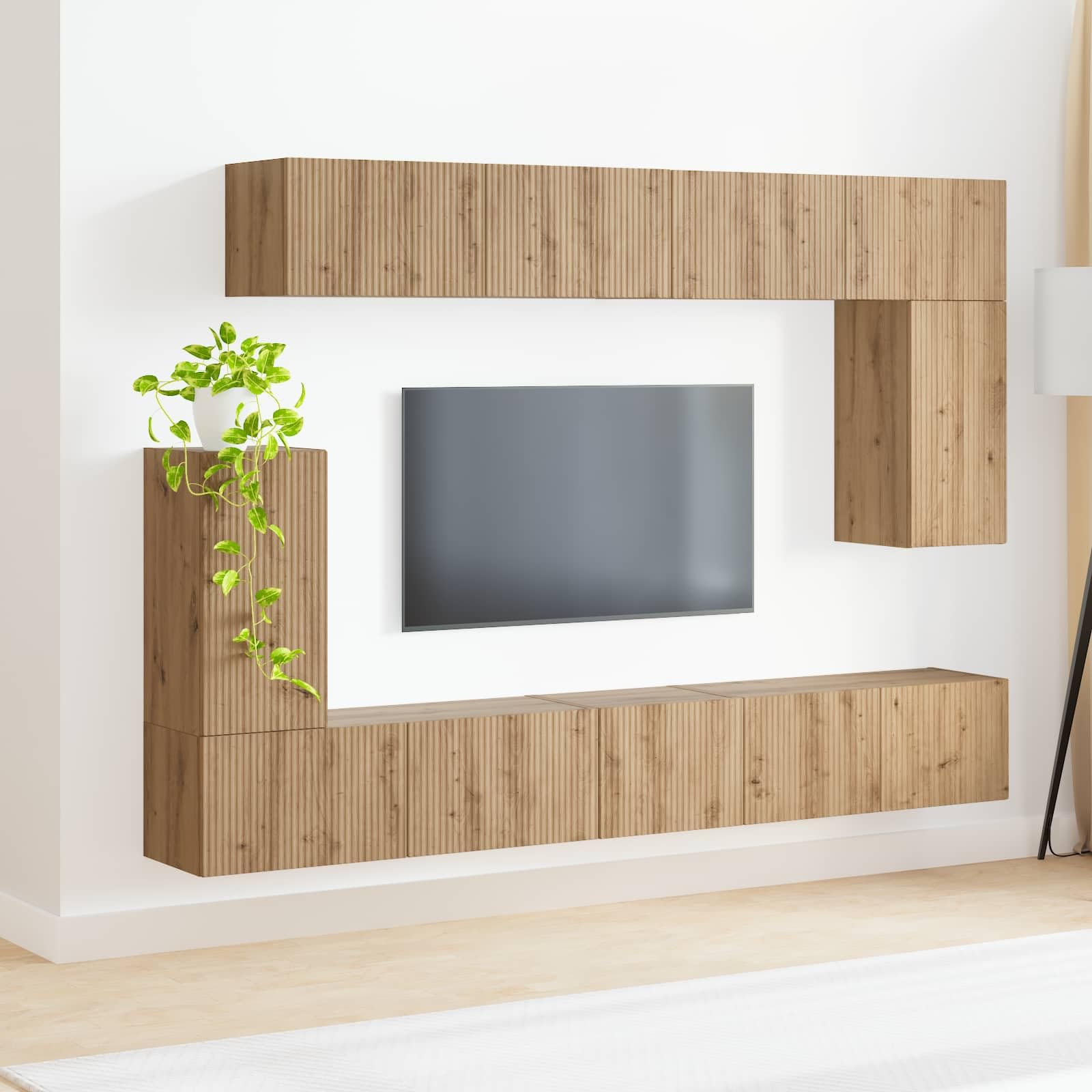 Mueble de TV montado en la pared, 5 piezas de roble Artisan, moderno centro multimedia, muebles de entretenimiento para sala de estar