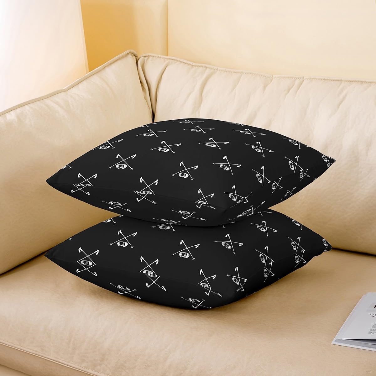 Ski Theme Throw Pillow Covers 16x16 Inch Winter Skiing Sports Soft Square Cushion Case Modern Ski Lovers Pillowcase for Room Decor Luxury Black Pillowcase,Set of 2 image 3