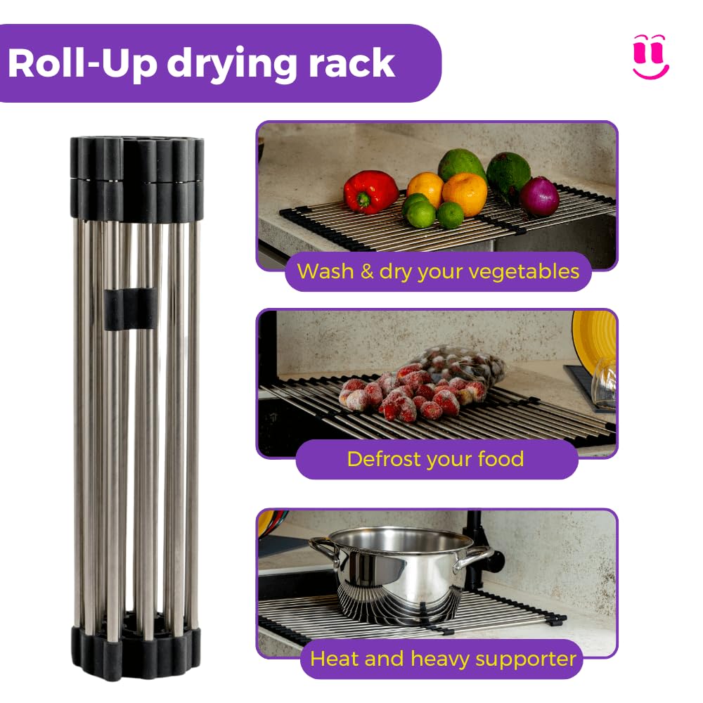 Mejora tu cocina con nuestro juego de escurridor de platos enrollable 3 en 1, incluye escurridor de platos de acero inoxidable sobre el fregadero, alfombrilla de silicona resistente al calor y