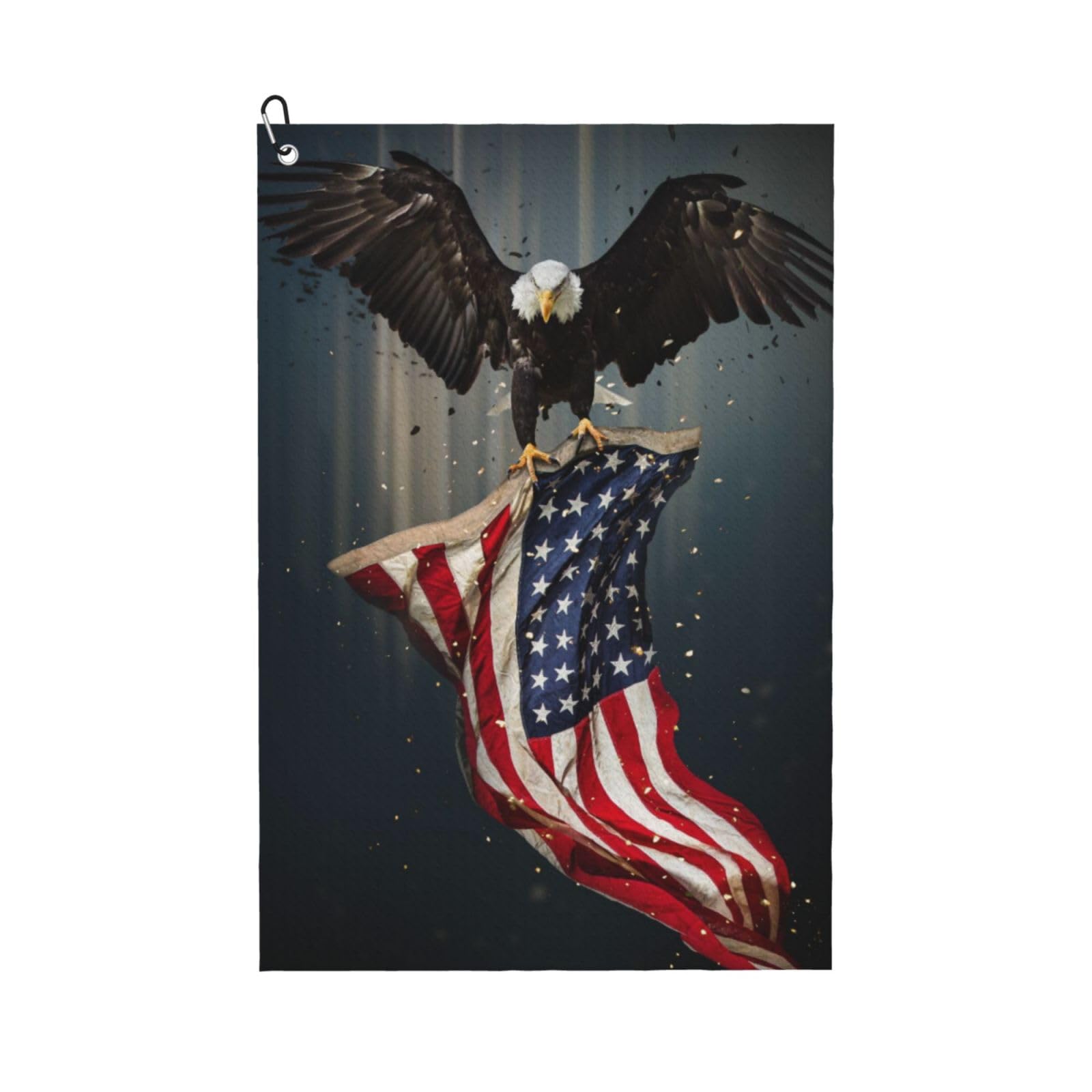 Oudrspo North American Bald Eagle Flying with American Flag Golf Towel, Waffle Weave Sports Towel with Clip for Golf Course Daily Use