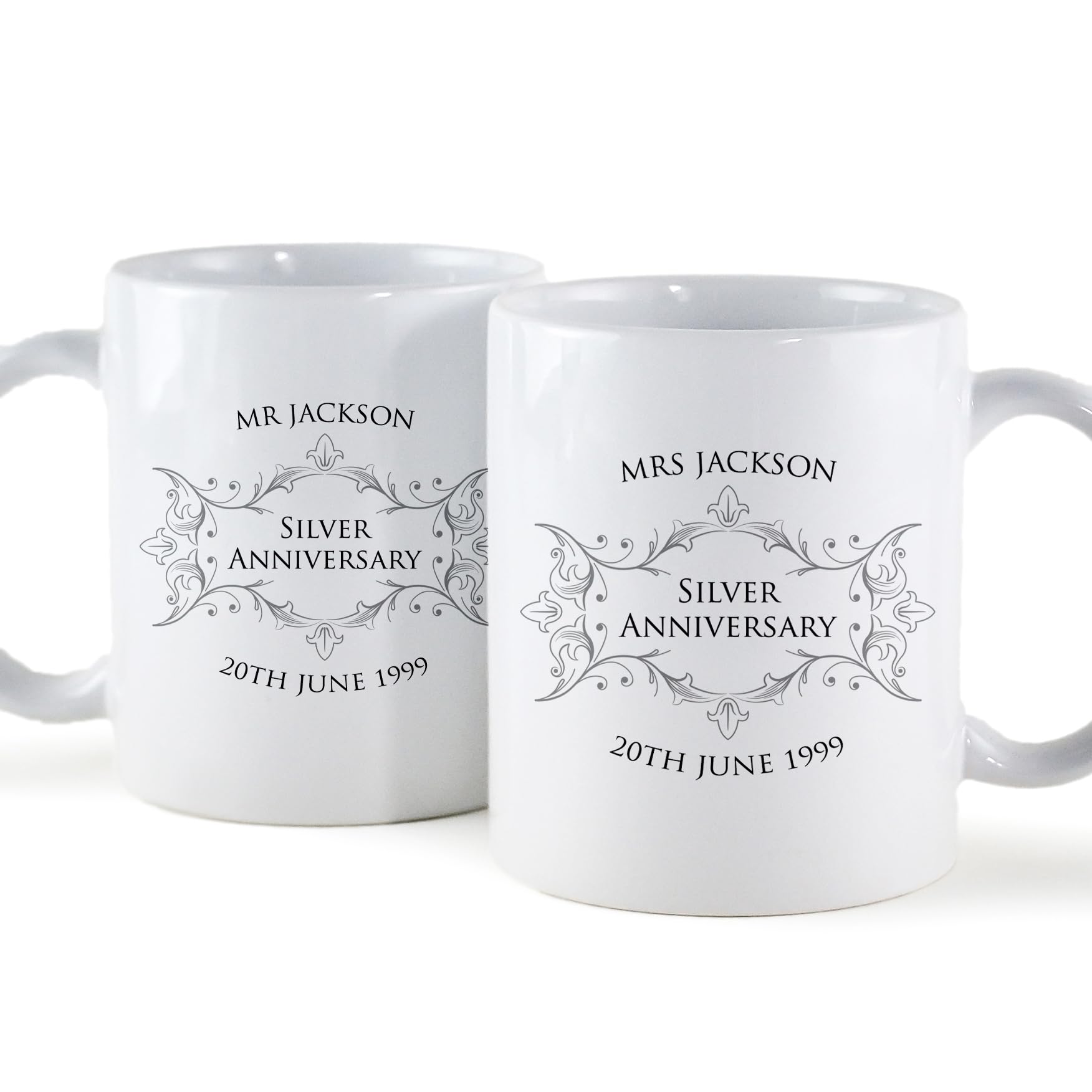 The Gift Experience Silver Pair Of 25Th Wedding Anniversary Mugs, Personalised Mugs, Wedding Anniversary Mugs