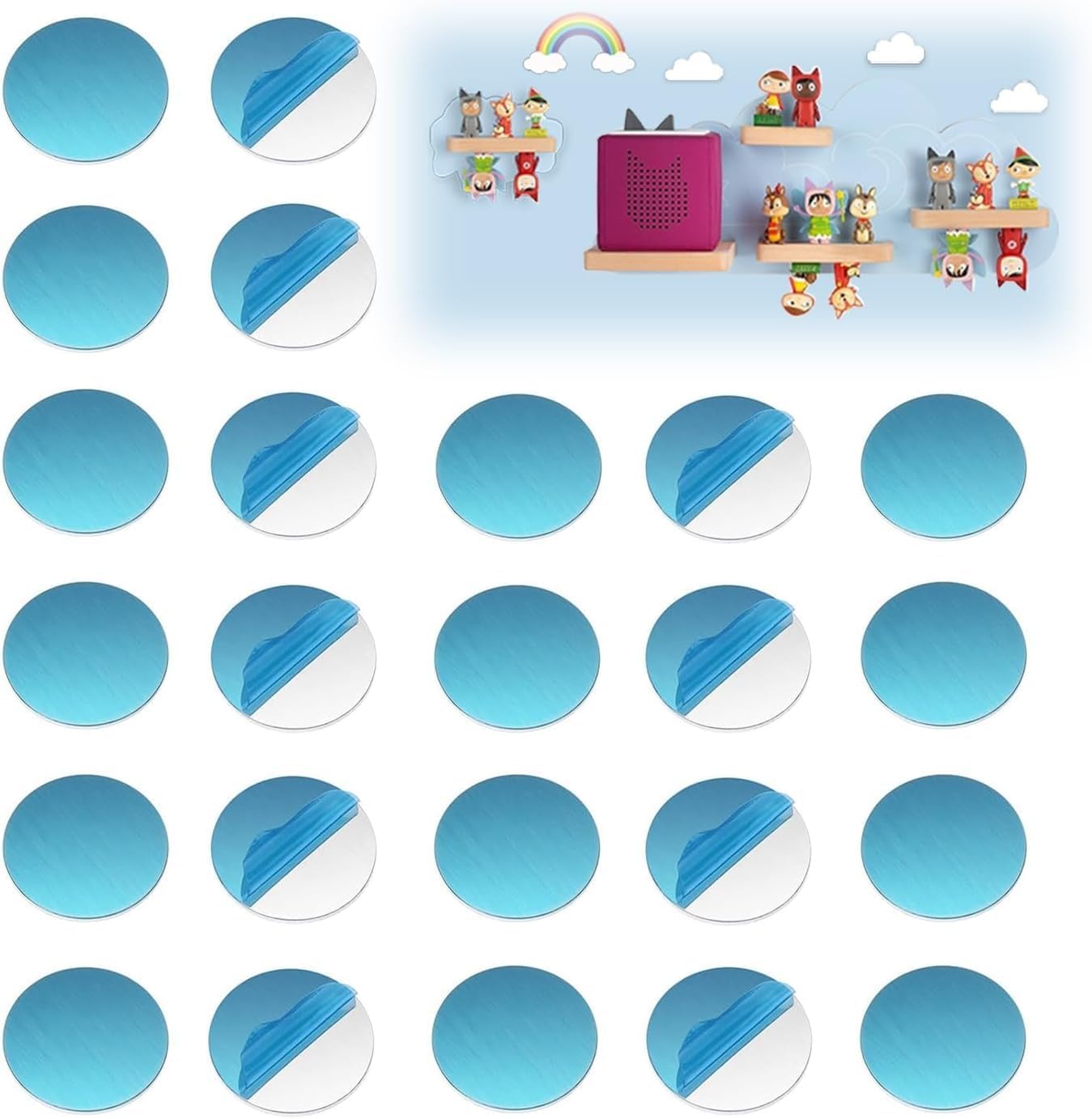 Lot de 100 plaques métalliques pour figurines Tonie, base adhésive pour aimants, disques métalliques en acier inoxydable avec colle, accessoires pour figurines Tonie - Décorez la chambre d'enfant avec