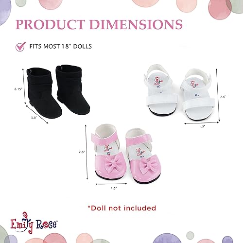 Miniatura 4 de Emily Rose Ropa para muñecas: paquete de 3 zapatos de muñeca de 18 pulgadas, juego de regalo de valor: zapatos rosados, sandalias blancas y botas