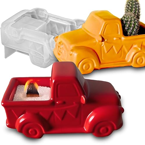 Wehous Moldes de silicona para maceta de camión para hormigón de resina, 3D retro en forma de automóvil, portavelas, contenedor de almacenamiento,