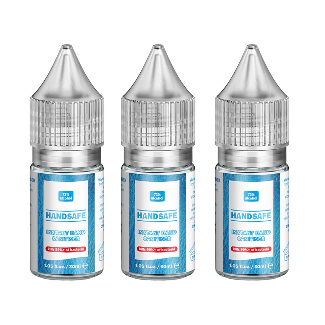 Handsafe - 3 x 30ml Hand Sanitiser Liquid Multipack, Kills 99.9%+ of Bacteria & Viruses, 72% Alcohol Based, Medical Grade, Anti Bacterial Fast Acting Formula